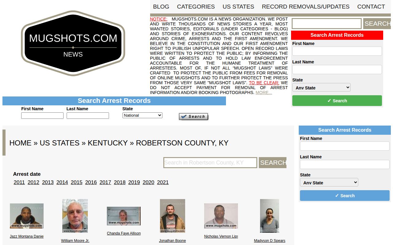 Screenshot of the unofficial Mugshots.com Robertson County Kentucky section
