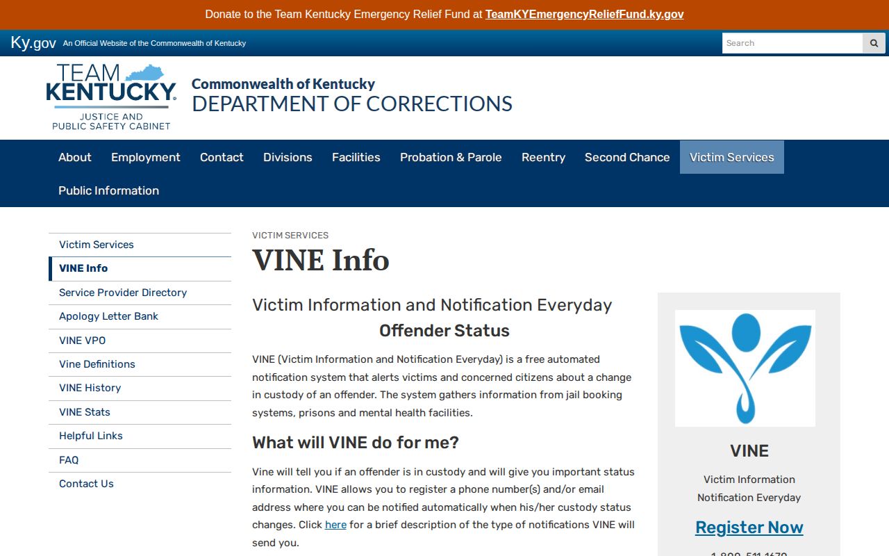 Official Kentucky VINE custody notification information page