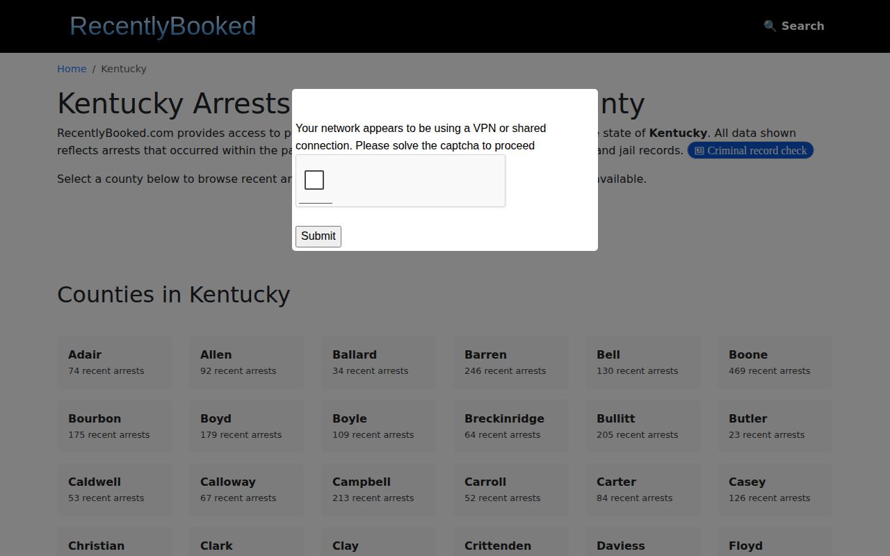 RecentlyBooked Kentucky index checked for Robertson County coverage